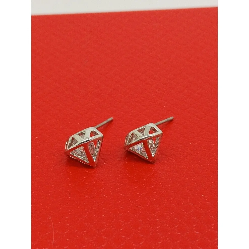 Vintage 90s Silver Tone Geometric‎ Diamond Cage Stud Earrings Clear Stone New